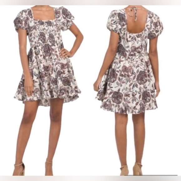 House of Harlow 1960 Floral Peasant Bohemian Puff Sleeve Mini Dress Size Medium - Picture 1 of 10